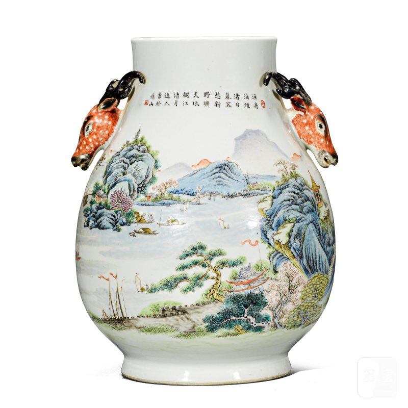 民国 仿乾隆粉彩山水鹿头尊